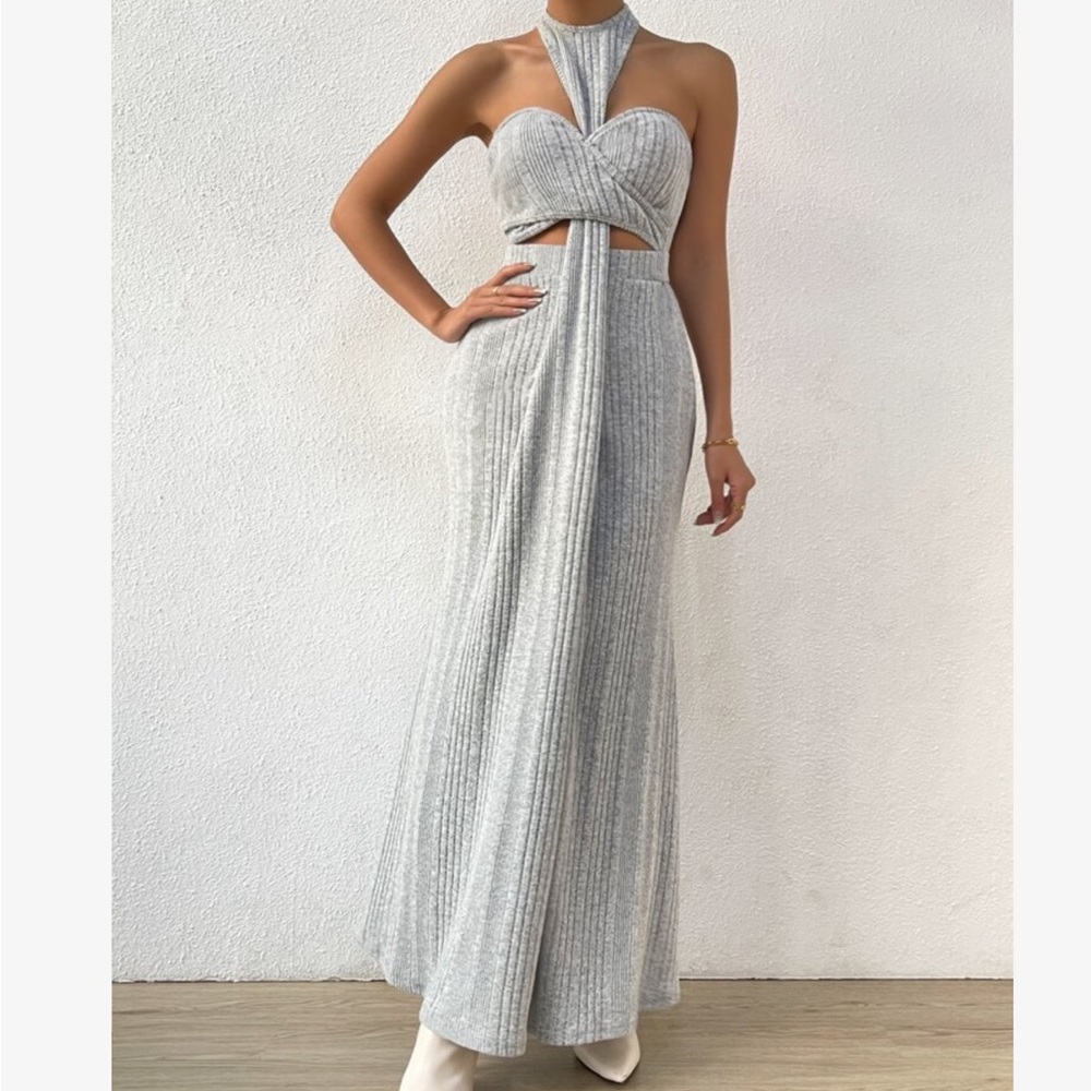 Sexy Sweetheart Cut Out Ribbed Knit Halter Maxi Dress Gray - Picture 3 of 6